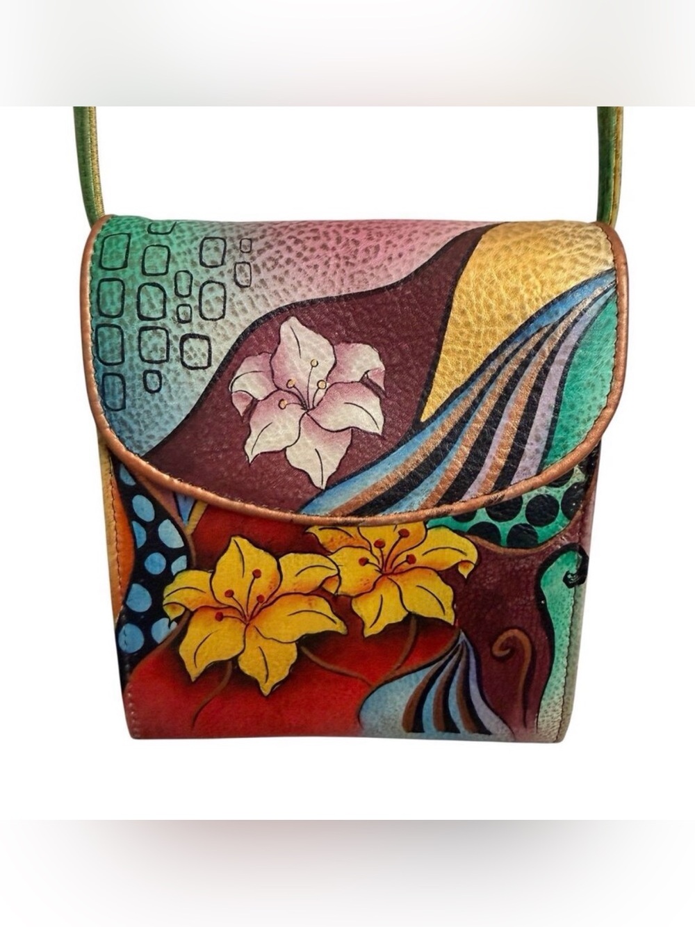 Anuschka Leather Hand Painted Art Crossbody Organizer Bag Flowers Coin Pouch
